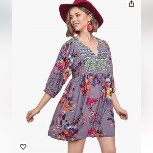 Umgee Women’s Twirly Girl Dress Purple Floral Boho Tunic Twirl Balloon S…